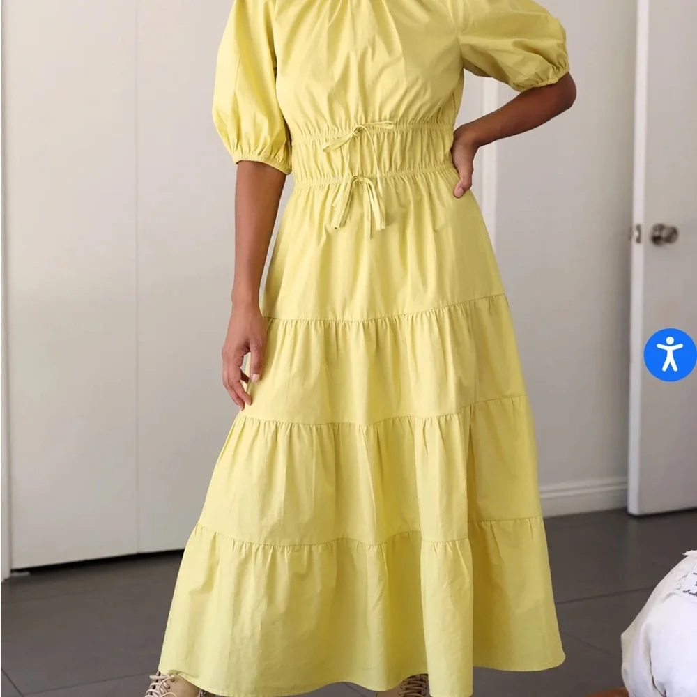 GREYLIN Gloria Poplin Tiered Dress BlackTie waist Midi Puff Sleeve Shirred Waist - Picture 3 of 8